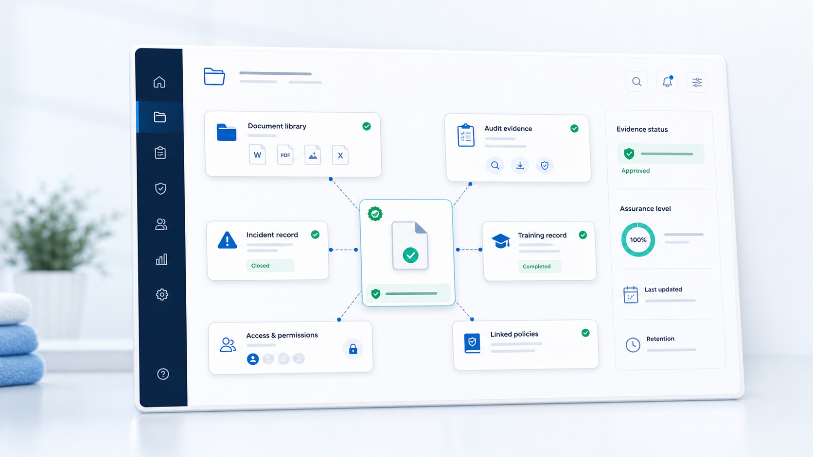 Evidence management dashboard linking document library, audit evidence, incident records, training records and access permissions