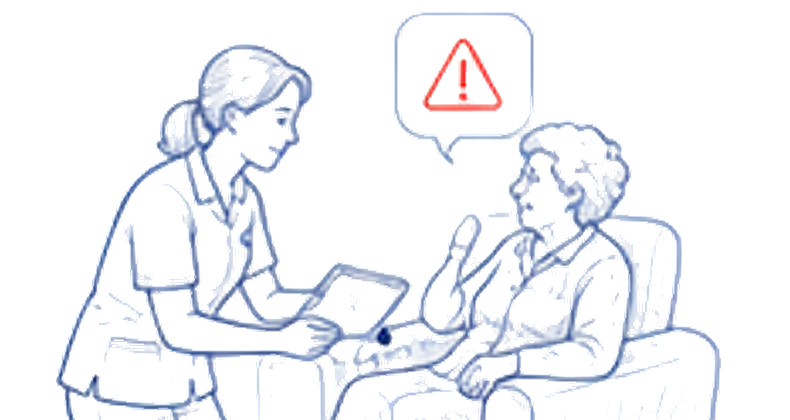 Line illustration of a care worker reviewing information with a person receiving care.