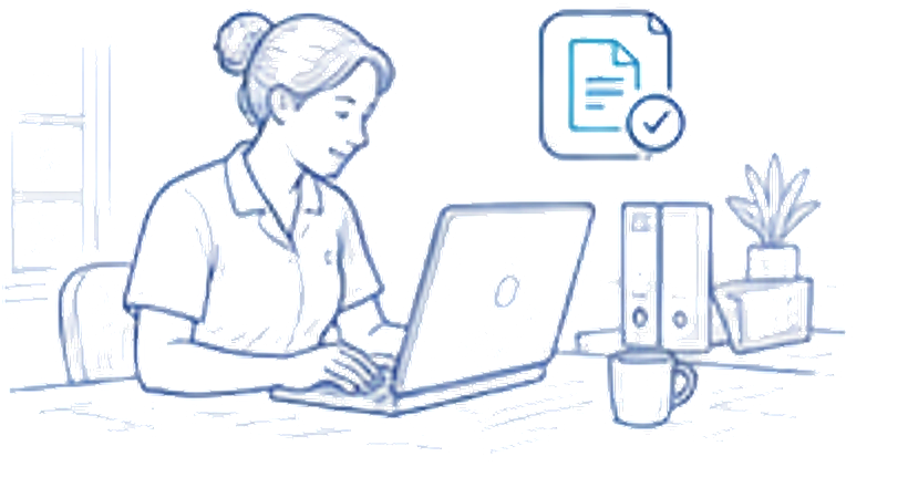 Line illustration of a care worker at a laptop with document evidence.