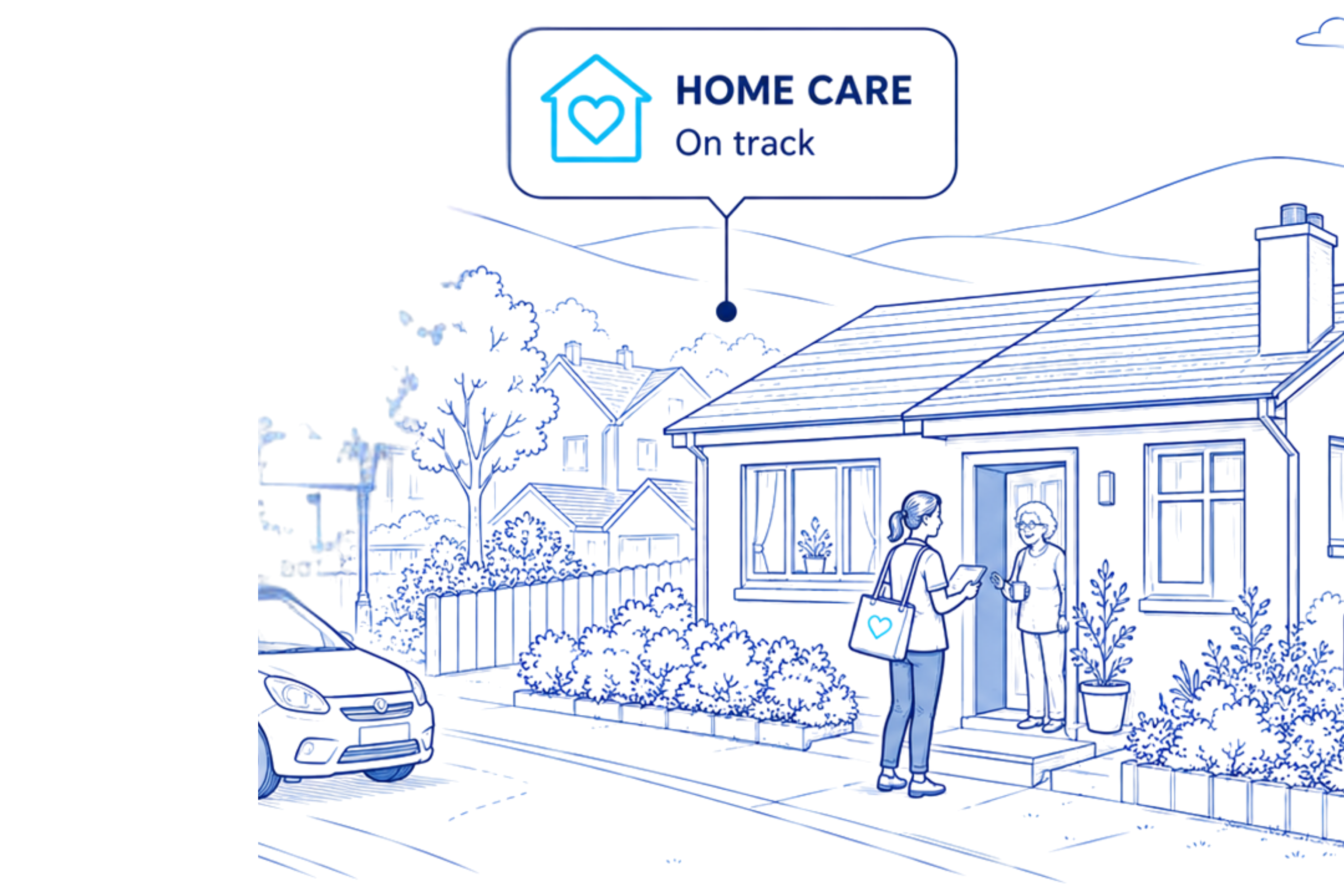 Line illustration of a home care visit with a marked home care status card.