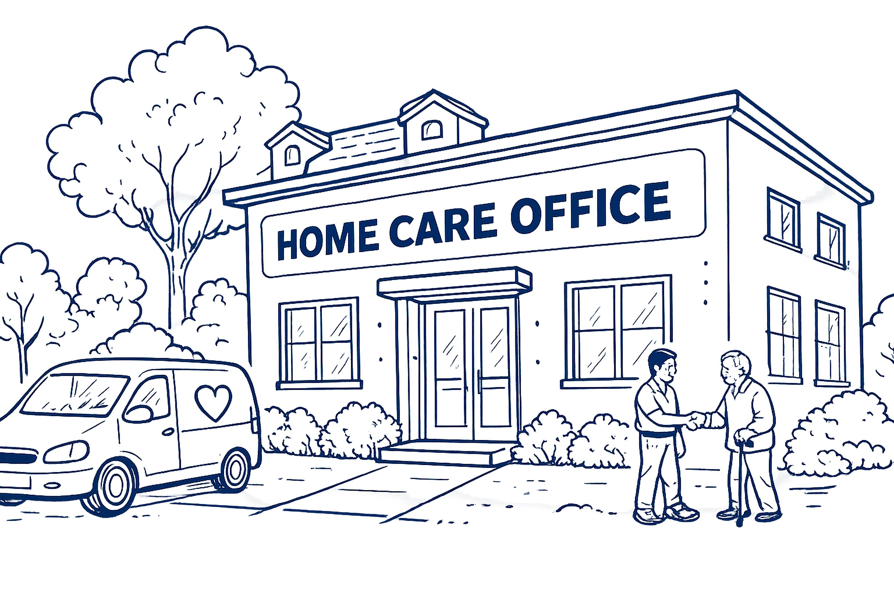Line illustration of a home care office and vehicle.