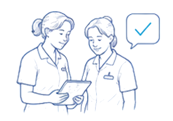 Line illustration of two care workers with a check mark.